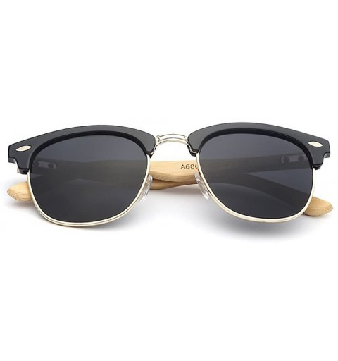 Oval Clubmaster Hand-made Bamboo Wood Sunglasses - Black/Gold - CW17X3OWGI5 $22.12