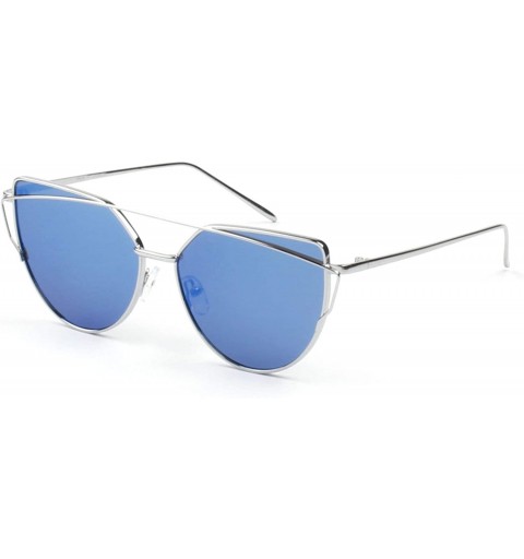 Cat Eye Women Retro Metal Brow-Bar Mirrored Round Cat Eye Fashion Sunglasses - Blue - CZ18WTI8AIC $14.64