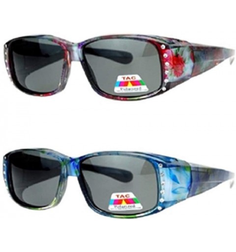 Shield 2 Pair Polarized Lenses Rhinestone Fit Over Wear Over Glasses Rectangular Sunglasses - 2 Pair Flower/Blue - C8197WQGCU...