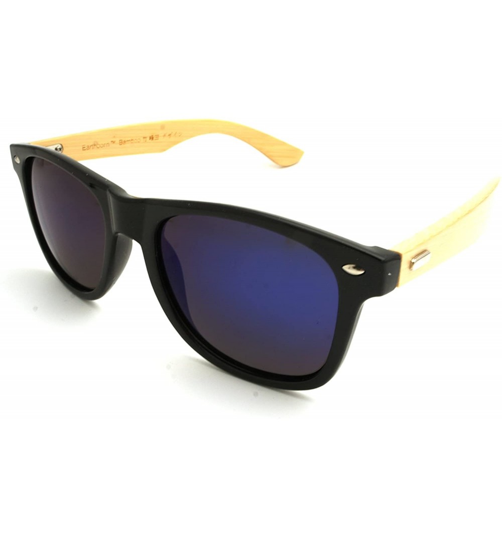 Wayfarer NEW Real Tree Bamboo wood Temples Sunglasses - Shiny Black Light Wood Temple / Blue Mirror Lens - CU184OSOCCT $27.86