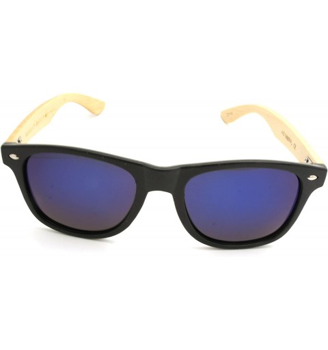 Wayfarer NEW Real Tree Bamboo wood Temples Sunglasses - Shiny Black Light Wood Temple / Blue Mirror Lens - CU184OSOCCT $27.86