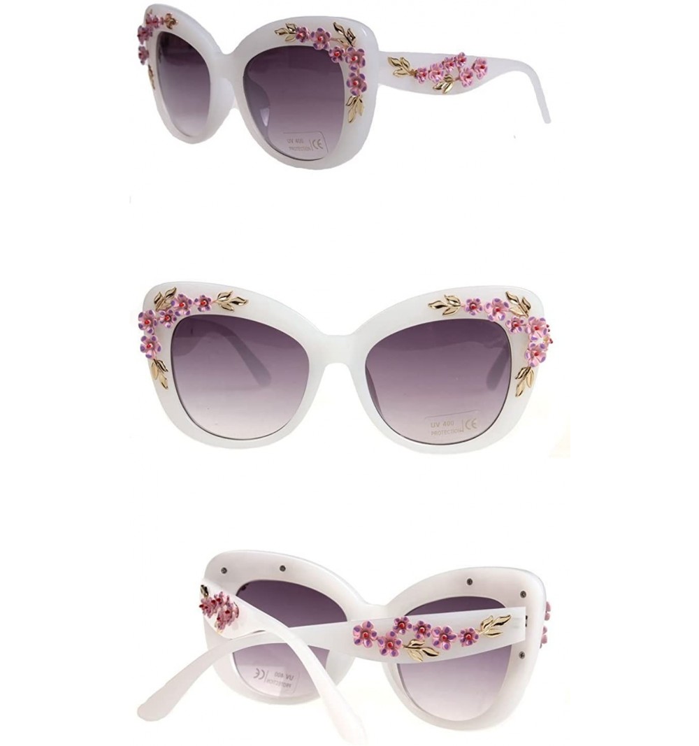 Butterfly Women's Floral Stud Embellished Party Oversized Butterfly Sunglasses - White - CW187QO679U $22.64