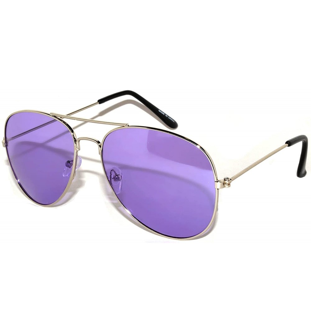 Aviator Classic Aviator Style Colored Lens Sunglasses Metal Frame - Silver Frame Purple Lens - CI11Q8WWRXT $9.84