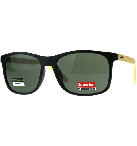 Rectangular Mens Bamboo Wood Arm Plastic Horn Rim Hipster Sunglasses - Matte Black Green - CC18CAL9T5A $12.72