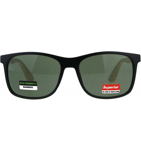 Rectangular Mens Bamboo Wood Arm Plastic Horn Rim Hipster Sunglasses - Matte Black Green - CC18CAL9T5A $12.72