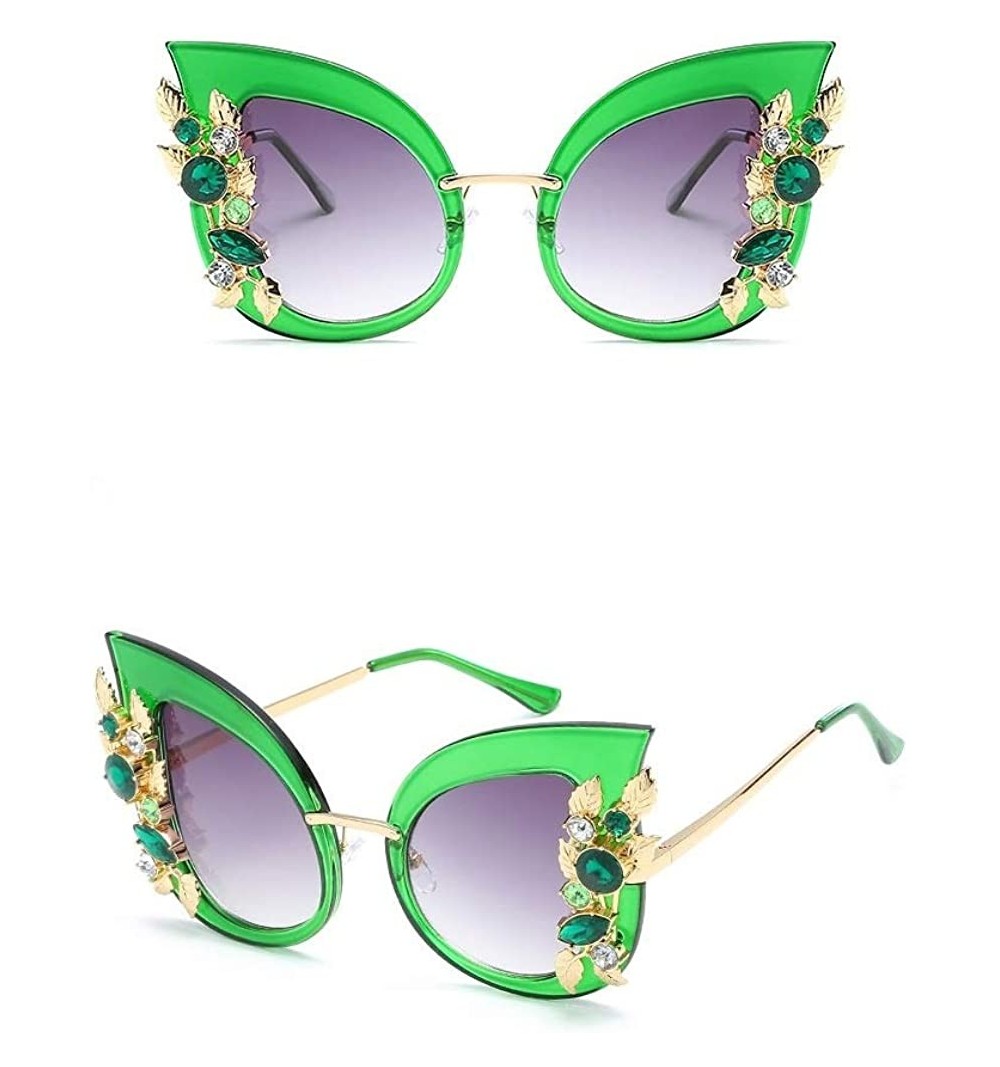 Round Green Crystal Gold Leaf Cateye Sunglasses - Green Frame Purple Lens - CT18Q2NKQMD $26.09