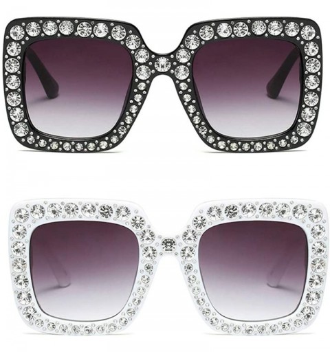 Square Large Jeweled Sunglasses for Women Crystal Bling Studded Oversized Square Frame - Black+white - CZ18Z00Y36M $17.71