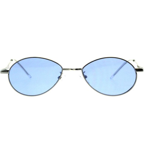 Oval Unisex Fashion Sunglasses Oval Flat Thin Metal Frame Slanted Temple Color Lens - Silver (Blue) - CU18IWC9QQ4 $9.94