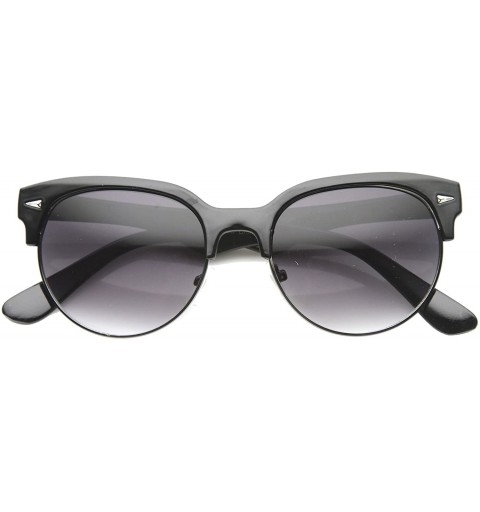 Semi-rimless Retro Wood Print Half Frame Round Lens Horn Rimmed Sunglasses 53mm - Shiny Black - CX126OMVPE9 $15.12