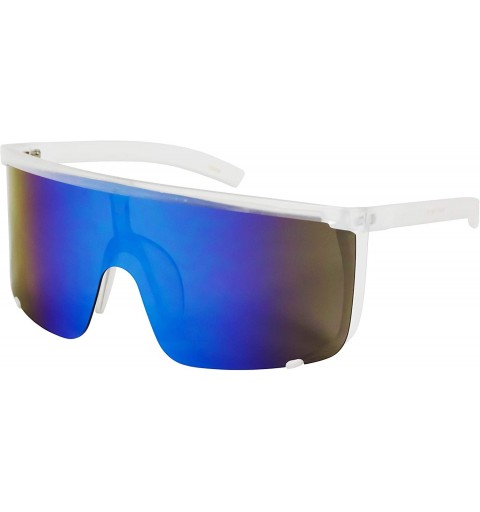Sport Unisex Oversized Super Shield Mirrored Lens Sunglasses Retro Flat Top Matte Black Frame - Blue Mirror - CB18Q38IY5R $25.61