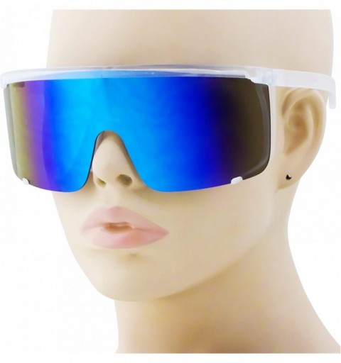 Sport Unisex Oversized Super Shield Mirrored Lens Sunglasses Retro Flat Top Matte Black Frame - Blue Mirror - CB18Q38IY5R $17.19