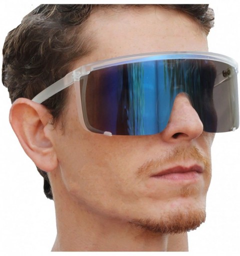 Sport Unisex Oversized Super Shield Mirrored Lens Sunglasses Retro Flat Top Matte Black Frame - Blue Mirror - CB18Q38IY5R $17.19