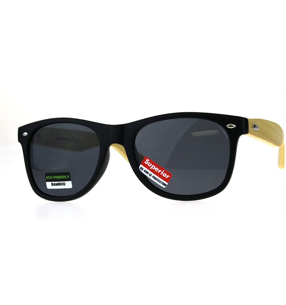 Rectangular Mens Bamboo Wood Arm Classic Horn Rim Hipster Sunglasses - All Black - CZ180AM8EE4 $9.46