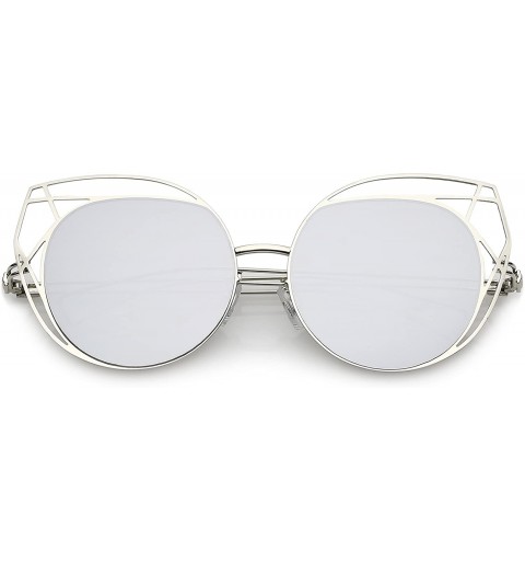 Cat Eye Geometric Cutout Thin Metal Frame Round Mirrored Flat Lens Cat Eye Sunglasses 53mm - Silver / Silver Mirror - CW182TI...
