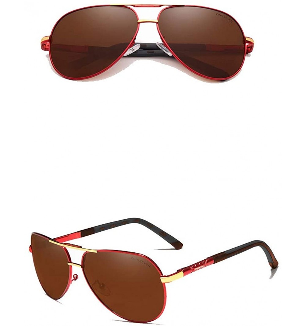 Round Genuine aviator sunglasses men fashion polarized UV400 ultra light Al-Mg - Red/Brown - C718S7EO08R $26.54