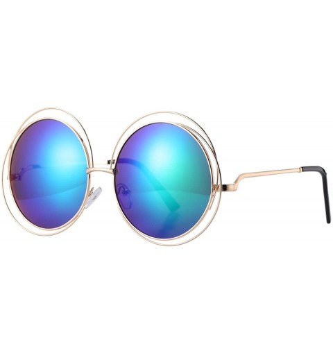 Round Women's Double Circle Metal Wire Frame Oversized Round Sunglasses - Green Mirrored Lens - CI182YDHYE4 $14.16