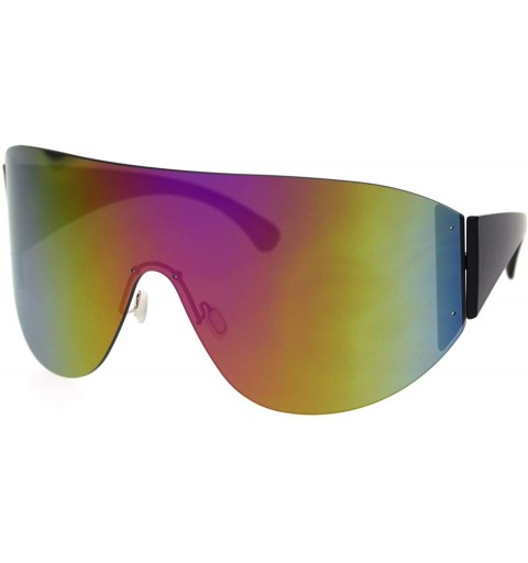 Rimless Extra Oversized Astronaut Color Mirror Warp Thick Arm Rimless Shield Sunglasses - Black Oil Slick Mirror - CC18R3K5Q7...