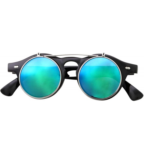 Round Flip Up Round Punk Sunglasses Steampunk Circle Retro - Black Silver Frame - Green Mirror Lens - C418E7Z5O98 $15.10