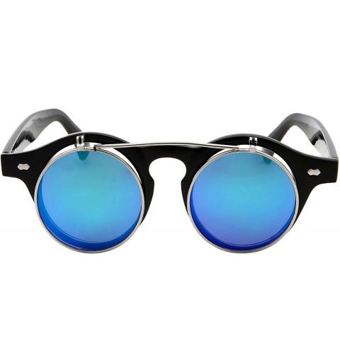 Round Flip Up Round Punk Sunglasses Steampunk Circle Retro - Black Silver Frame - Green Mirror Lens - C418E7Z5O98 $15.10
