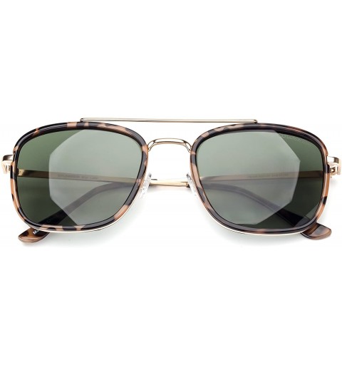 Square Retro Square Sunglasses For Men Women Double Bridge Mirrored Lens Metal Frame - Green Lens/Leopard Frame - CC18EOX8S08...