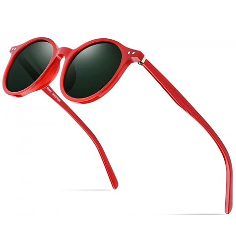 Round Vintage Polarized Sunglasses for Women - 100% UV400 Protection Acetate Frame 9116 - Red Frame Dark Green Lens - CZ18TI2...