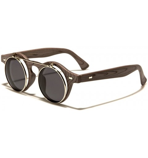 Round Faux Wood Frame Round Flip Up Sunglasses - Light Grey Wood Frame - C11866Q9RG9 $8.54