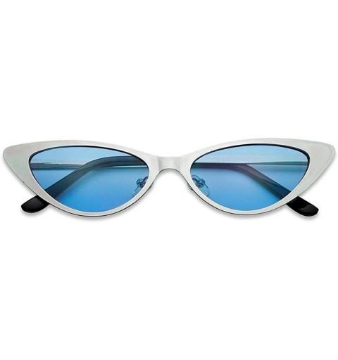 Goggle Flat Full Metal Round Oval Cat Eye Sunglasses Narrow Color Tinted Shades - Silver Frame - Blue - CC18GO89ALT $24.83