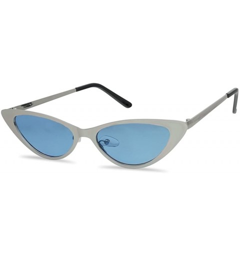 Goggle Flat Full Metal Round Oval Cat Eye Sunglasses Narrow Color Tinted Shades - Silver Frame - Blue - CC18GO89ALT $14.44
