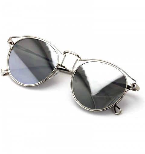Oval Womens Fashion Round Metal Cut-Out Near Flat Flash Mirror Lens Hip Sunglasses - Silver - CJ188WXLTTW $23.19