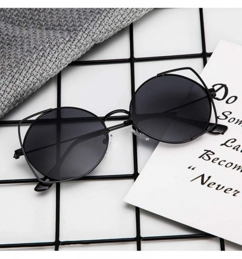Round Sunglasses For Women- Cat Eye Mirrored Flat Lenses Metal Frame Sunglasses - Black - C418RS3O28M $8.72