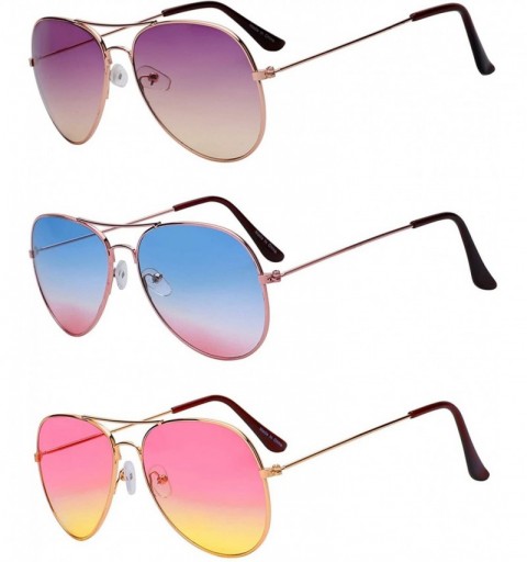 Oversized 3 Pairs Classic Aviator Sunglasses Two Tone Color Lens Gold Metal Frame - .Purple-yellow_blue-pink_pink-yellow - CF...