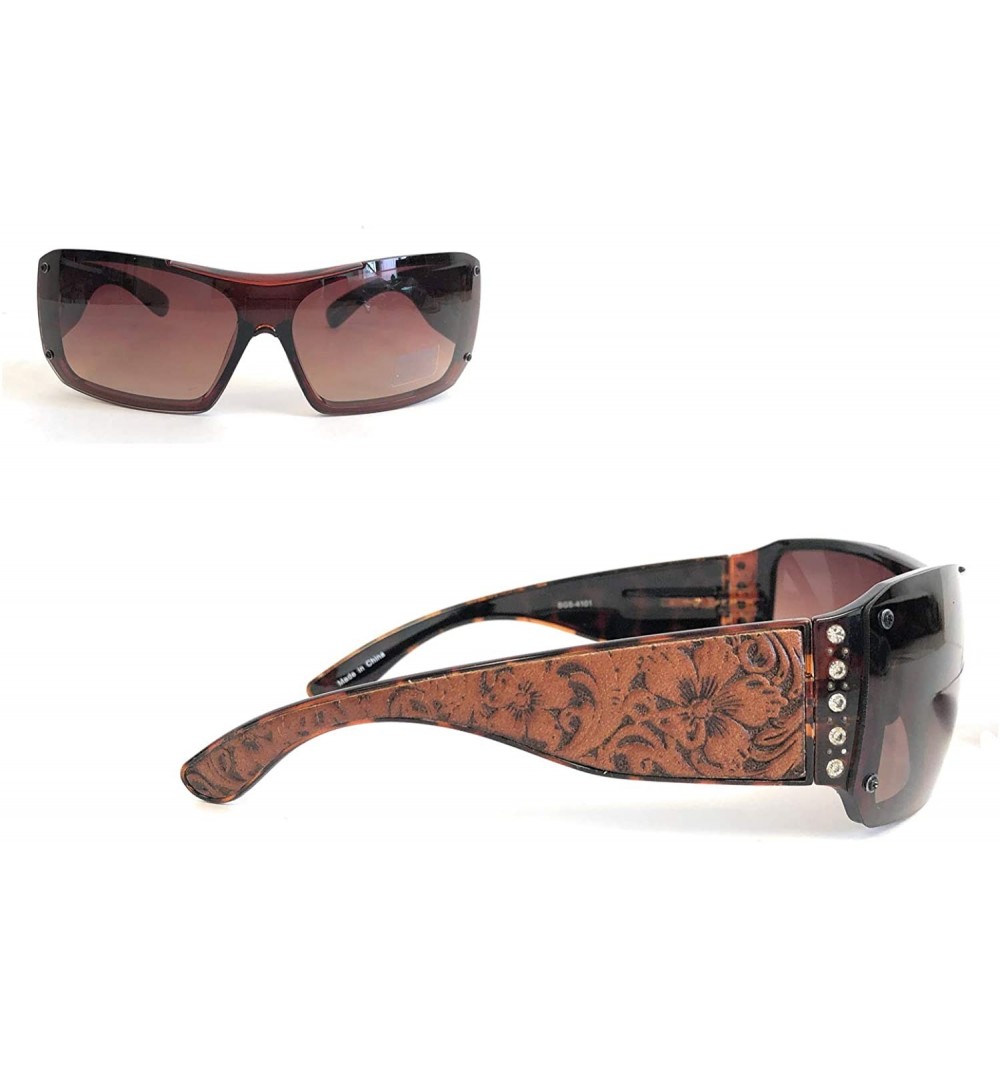 Rectangular Ladies Sunglasses Rhinestones Vintage Floral Leather Tooling UV400 - Leopard Frame/Brown Lense - C3183KIS58G $25.61