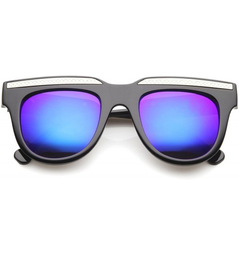 Square Retro Metal Accent Color Mirror Lens Horn Rimmed Oversize Sunglasses 50mm - Black-gold / Blue Mirror - CD12IGJZAKR $10.68