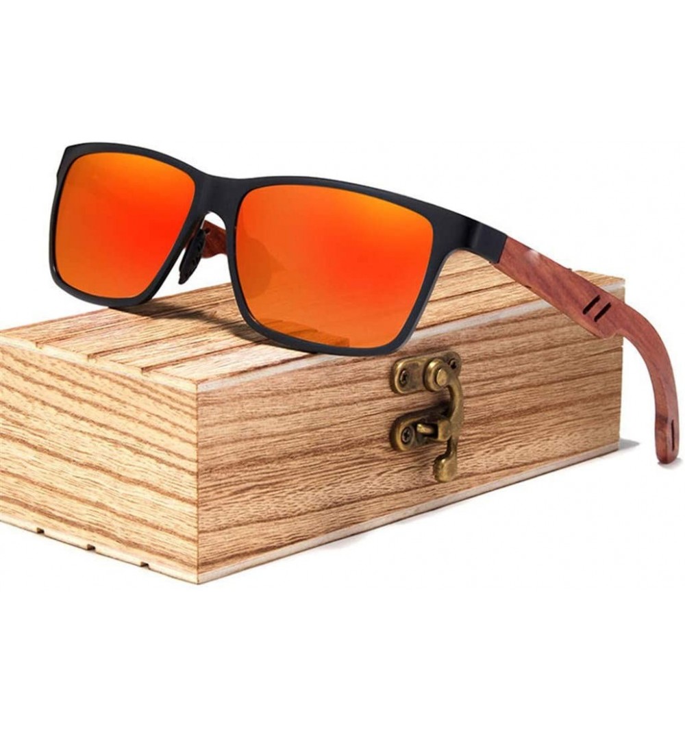 Oval Retro Women's Glasses Sunglasses Men Vintage Aluminum Wood Sun Glasses for Men with Wood Case - Red Bubinga Wood - CZ194...