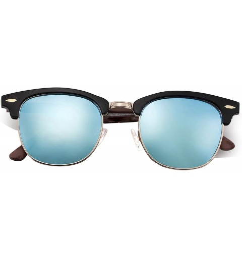 Round Stylish 80th Retro Unisex Polarized Sunglasses UV400 Classic Vintage Chic - Black Wood-ice Blue - CU18DT8Y56M $9.42