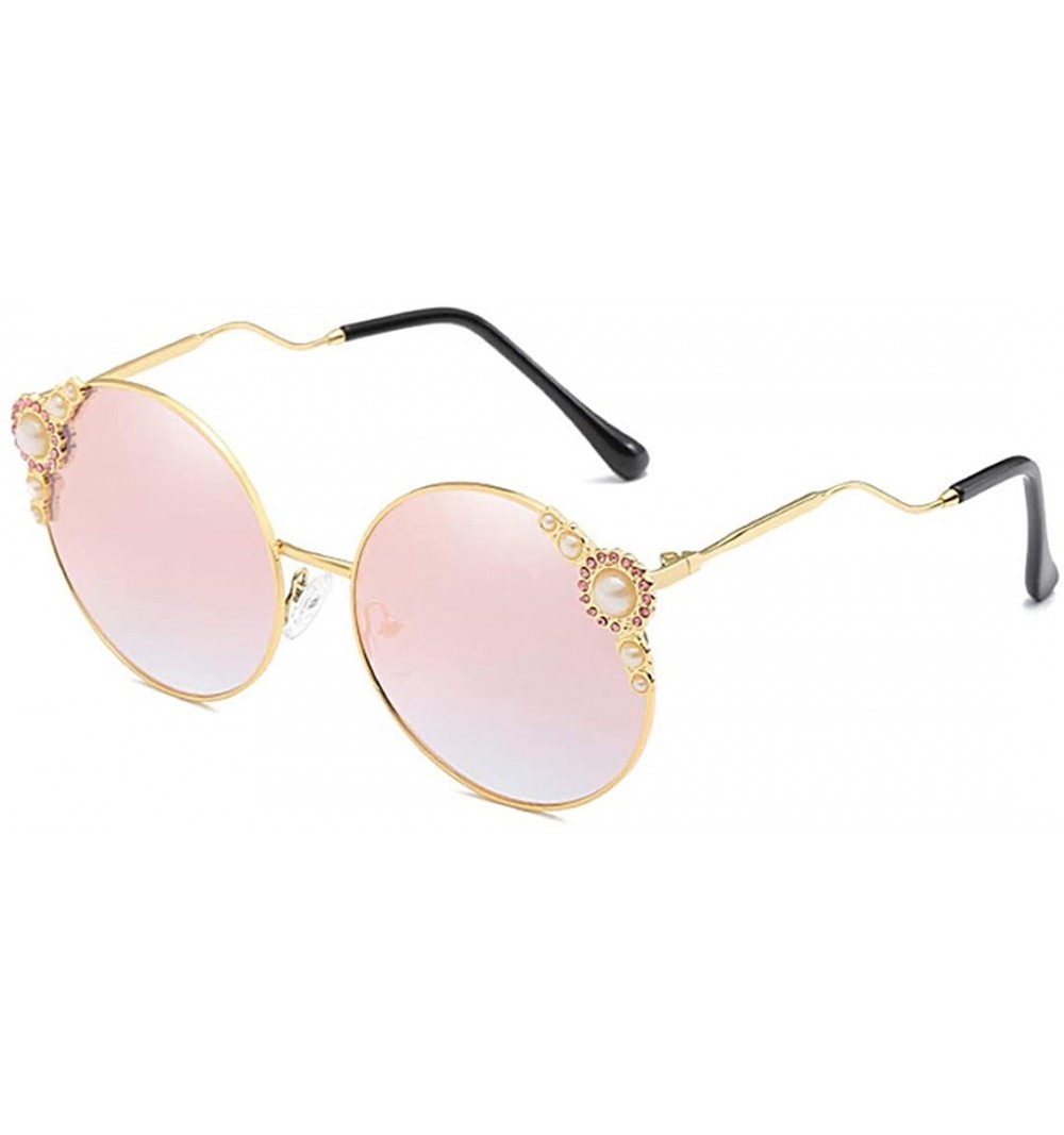 Goggle Fashion Round Pearl Decor Sunglasses UV Protection Metal Frame - Gold Frame Pink Lens-t - CR18UKSUTA6 $19.01