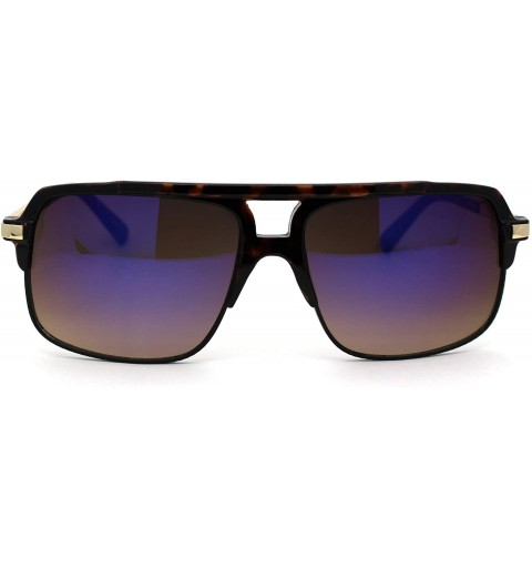 Rectangular Mirror Lens Half Rim Plastic Racer Mobster Sunglasses - Tortoise Blue Mirror - C9195KIN5II $15.20