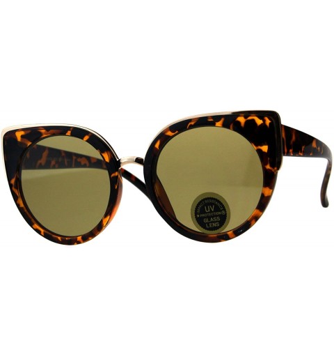 Oversized Impact Resistant Flat Glass Lens Sunglasses Womens Oversized Round Cateye - Tortoise (Brown) - CJ18GR2X8NS $10.75