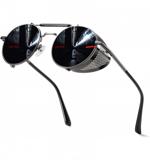 Round Steampunk Sunglasses for Women Men- Retro Round Unisex Eyewear Glasses UV400 VL9504 - C1 Black Frame/Grey Lens - CR18RM...