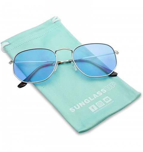 Square Colorful Classic Vintage Round Flat Lens Lennon Style Sunglasses - Silver Frame - Blue - C51805LLU79 $11.30