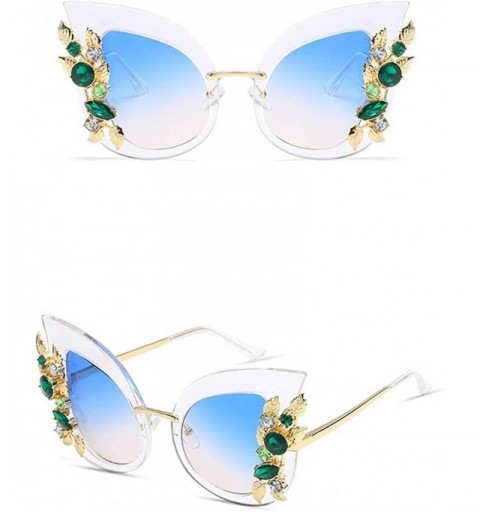 Round Green Crystal Gold Leaf Cateye Sunglasses - White Frame Blue Lens - C518OZL3H99 $17.78