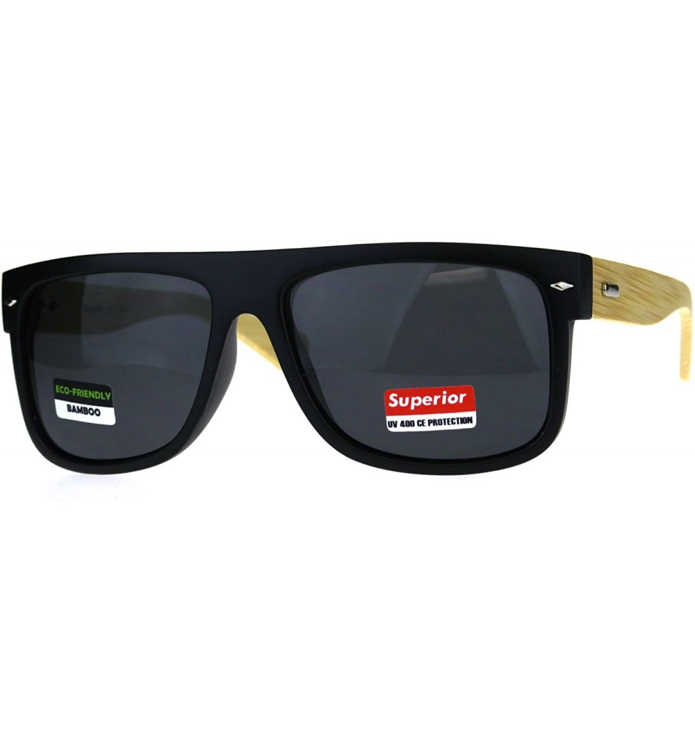 Rectangular Mens Flat Top Hipster Horned Rim Wood Grain Arm Sunglasses - Matte Black Light Wood - C9180AQRTD0 $14.17