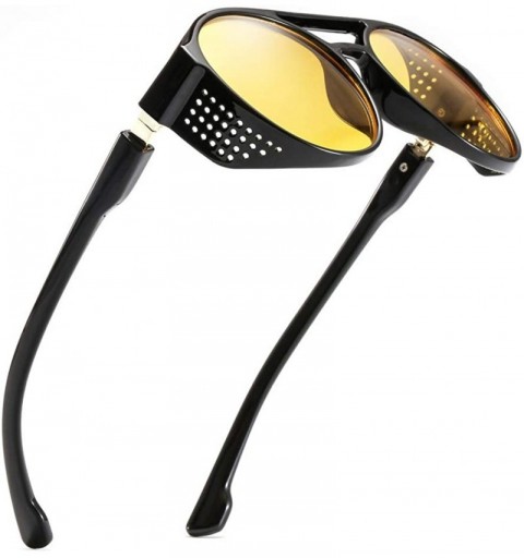 Rectangular Aviator Round Side Shield Sunglasses Retro Vintage Gothic Steampunk Style Mirrored Lenses for Men/Women UV400 - C...