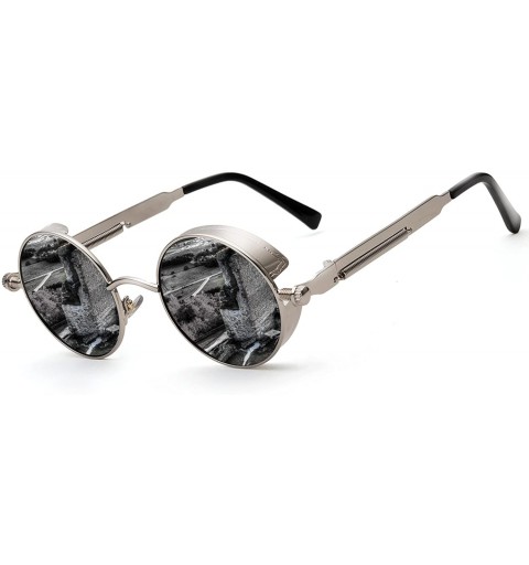 Round Polarized Steampunk Round Sunglasses for Men Women Mirrored Lens Metal Frame S2671 - Silver&black - C5182AYIONX $31.16