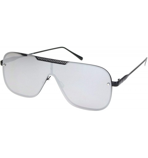 Rimless Mens Retro Mobster Shield Racer Futuristic Metal Rim Sunglasses - Black Silver Mirror - CT18O9MTWAK $12.13