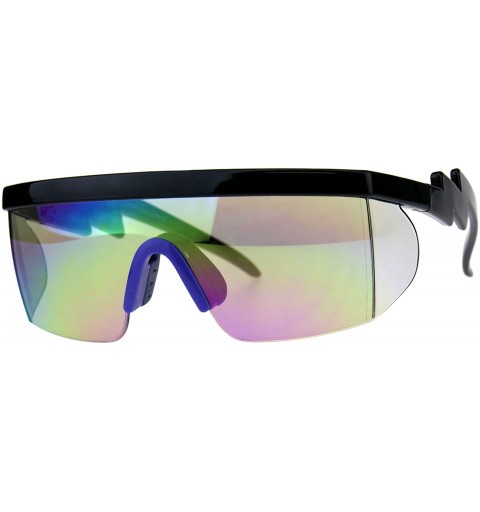 Semi-rimless Flat Top Crooked Bolt Arm Goggle Style Color Mirror Shield 80s Sunglasses - Black Blue - C518SN63CL2 $9.94