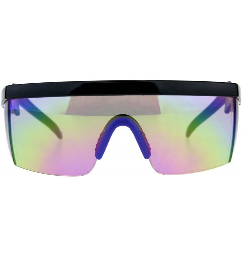 Semi-rimless Flat Top Crooked Bolt Arm Goggle Style Color Mirror Shield 80s Sunglasses - Black Blue - C518SN63CL2 $9.94