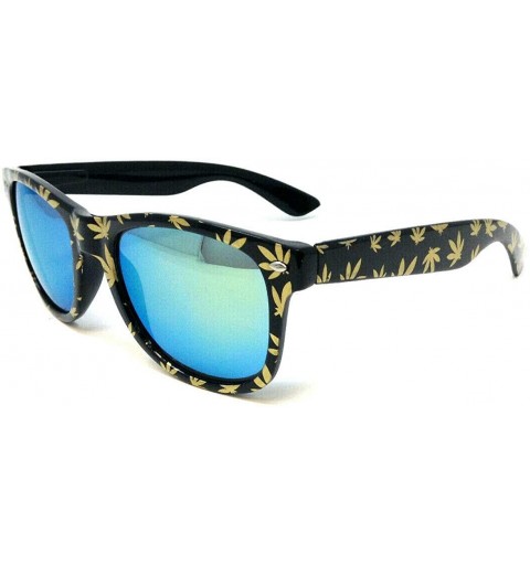 Square Black Square Weed Leaf Sunglasses w/Iridium Lenes - Black & Gold Frame - C918UEDGMYI $11.39
