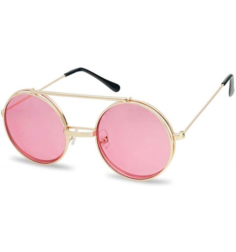 Round Round Colored Flip-Up Django Inspired Clear lens Sunglasses - Gold Frame - Pink Lens - CN18H2I56AZ $10.64
