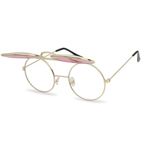 Round Round Colored Flip-Up Django Inspired Clear lens Sunglasses - Gold Frame - Pink Lens - CN18H2I56AZ $10.64